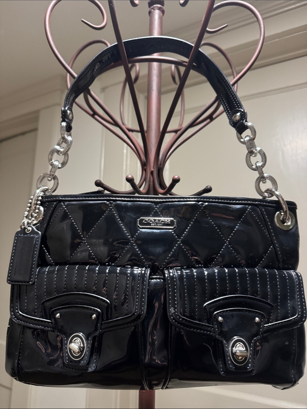 Coach Black Patent Quilted Shoulder Bag with Double Front Pockets